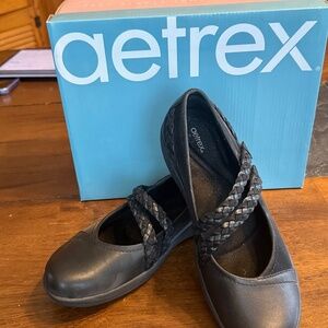 Aetrex Womans Black Annie Leather Braided Mary Jane